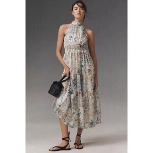 [Anthropologie] High Neck Blue Somerset Chiffon Maxi Dress NWT Large Petite LP